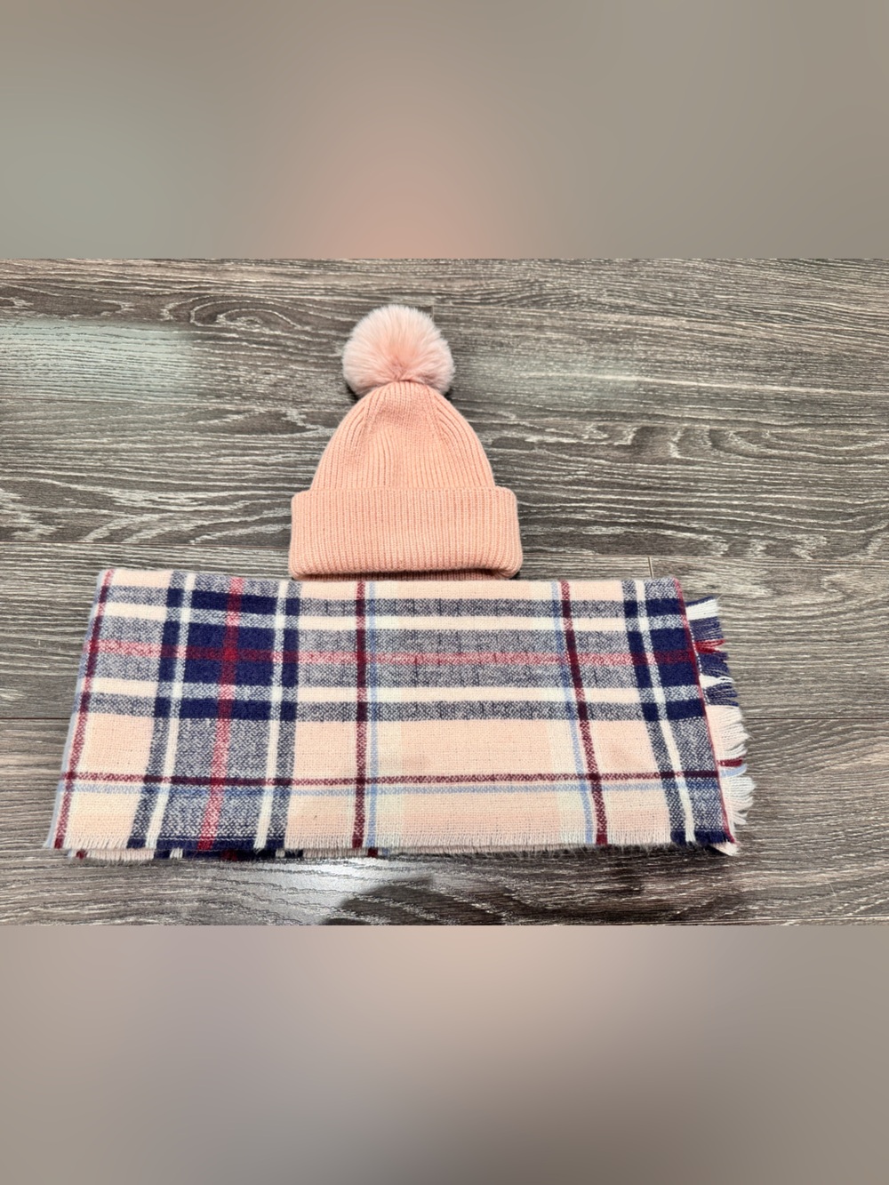 Vince Camuto scarf and beanie set pink checked set